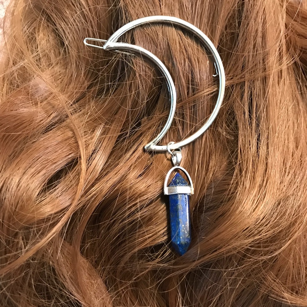 Hippie Boho Blue Crescent Moon Barrette Hair Clip.